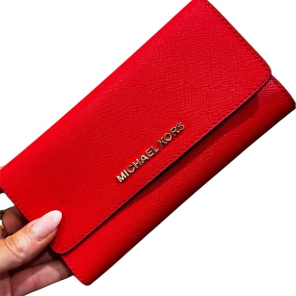 Michael Kors Handbags - Michael Kors Red Saffiano-Style Continental Wallet with Gold Logo